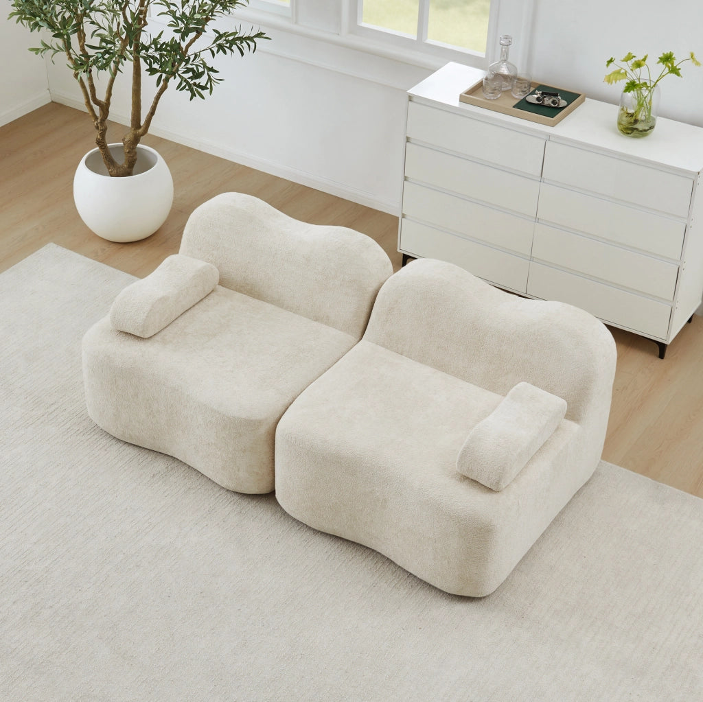 Divano modulare beige in velluto con seduta profonda e schiuma elastica per il soggiorno