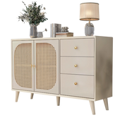 Credenza e madia con 2 ante e 3 cassetti, finitura rattan, per soggiorno e sala da pranzo, in truciolare, bianco