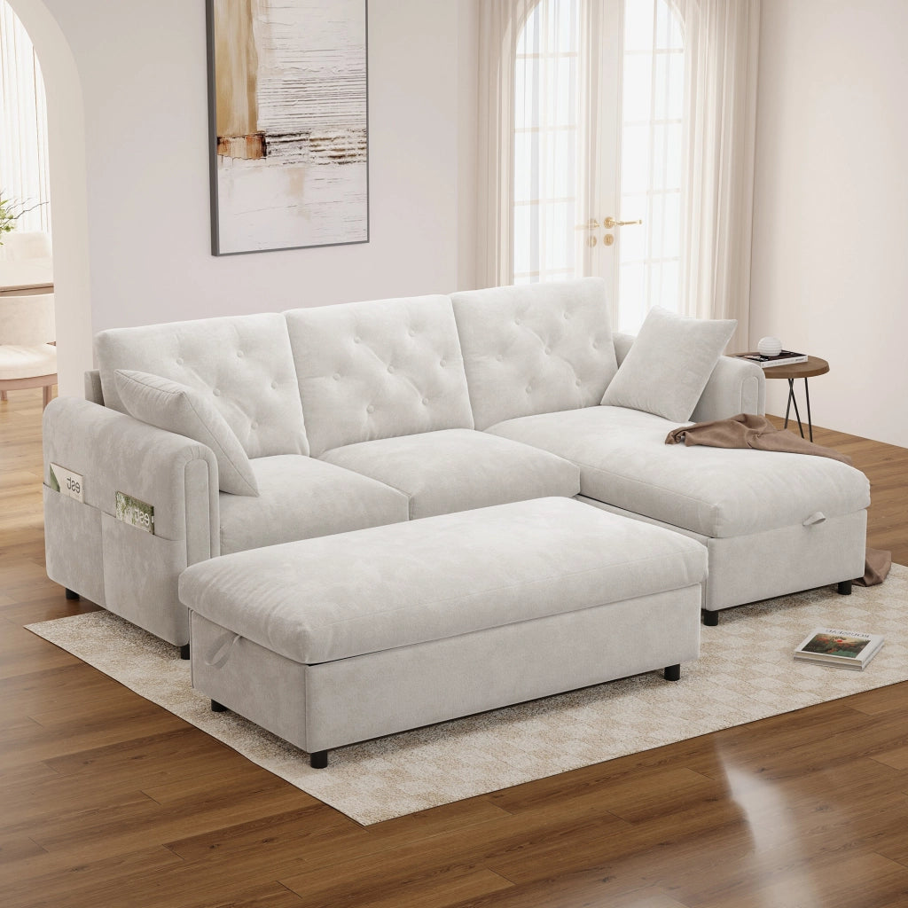 Divano letto angolare 219 cm beige con 2 cuscini e ricarica wireless