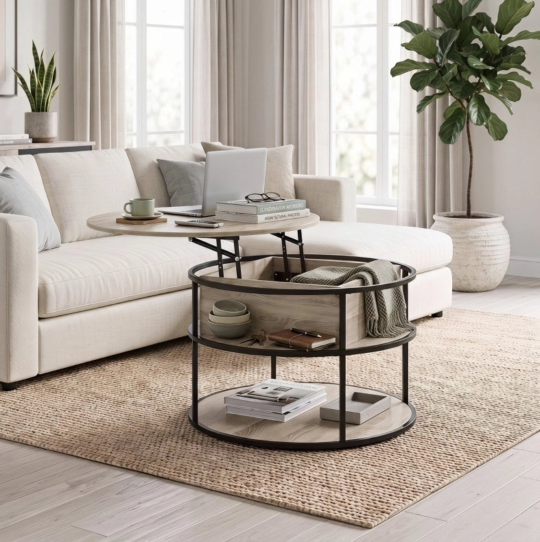 Tavolino da salotto rotondo elevabile Ø80 cm con vano contenitore e ripiani rovere HOMVRA
