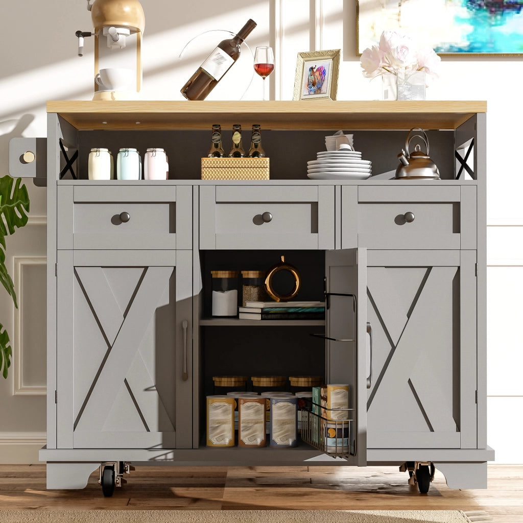 Isola cucina con piano richiudibile 118x43-80x98 cm, carrello multiuso grigio con 3 cassetti e rotelle