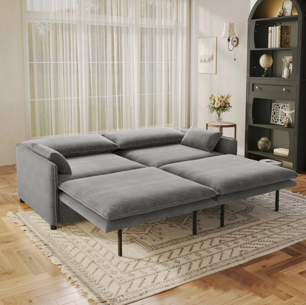 Divano letto 3 posti 206 cm in chenille con vano contenitore, schienale regolabile e cuscini bracciolo mobili, colore grigio chiaro