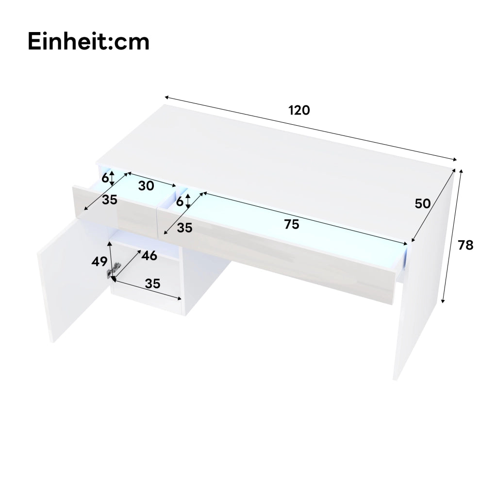 Scrivania con LED due cassetti e vano con anta in truciolare bianco lucido per home office 120 × 50 × 78 cm