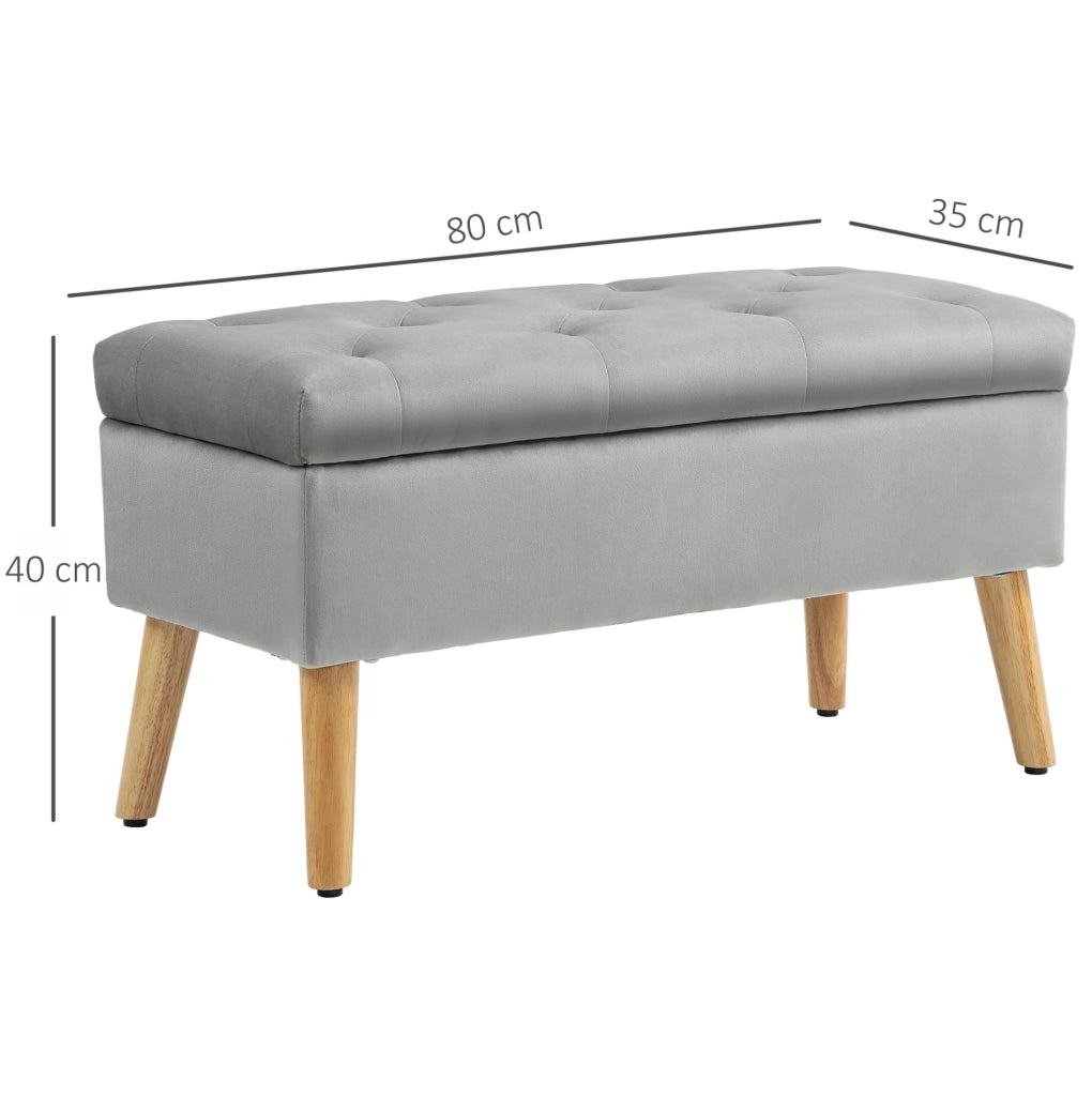 Panca con Contenitore in Tessuto Vellutato Grigio 102x35x43 cm con Gambe in Legno di Gomma