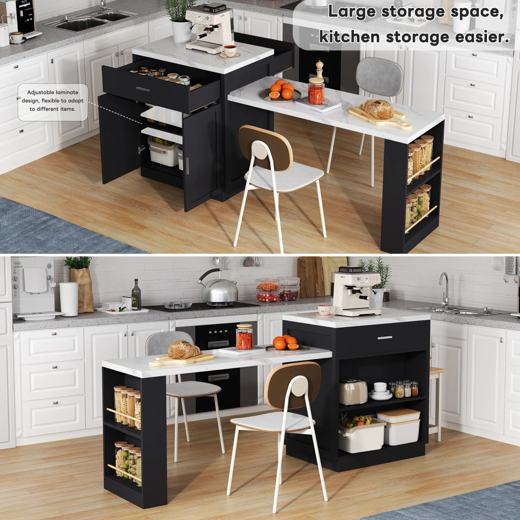 Mobile base da cucina con tavolo estraibile per 2–6 persone; prese USB; nero 211 × 55 × 89.5 cm