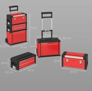 Carrello portautensili modulare in acciaio rosso con 3 unità, maniglia telescopica e ruote da 5"