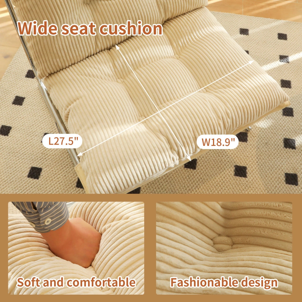 Sedia d'accento crema in velluto a coste con rivestimento removibile e gambe in metallo, stile Barcelona, 72x84x85 cm