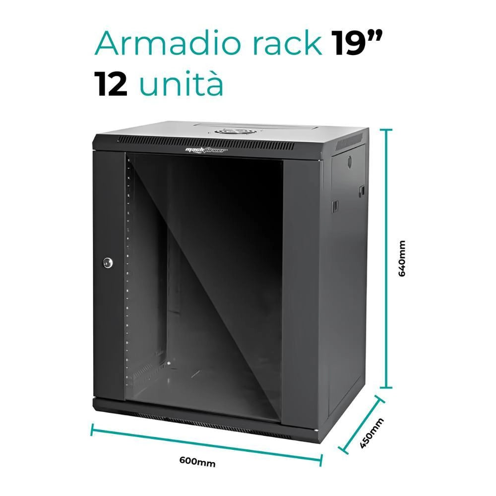 Armadio rack a parete mach power 12u 600x450x640 nero con ventola e montanti