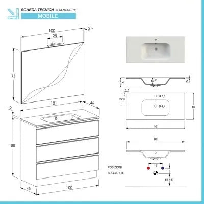 Mobile bagno 100 cm bianco opaco con specchio e lavabo incluso Master