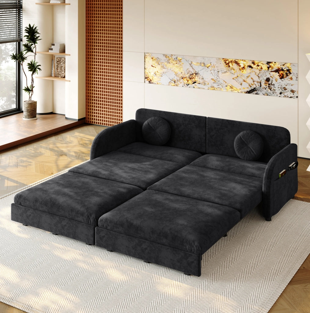 Divano Letto Estraibile King-Size 206 cm 3 Posti in Chenille Nero con Cuscini e Scomparti Laterali