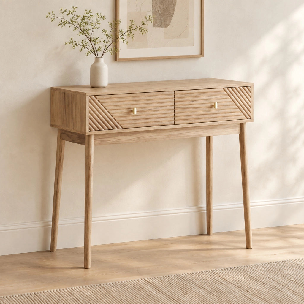 Tavolo consolle stile Mid-Century in colore rovere con due cassetti e ripiani aperti