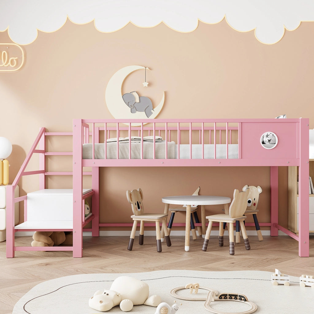 Letto a soppalco basso 90 × 200 cm 1 posto con scala contenitore e vano sottostante; senza materasso; rosa