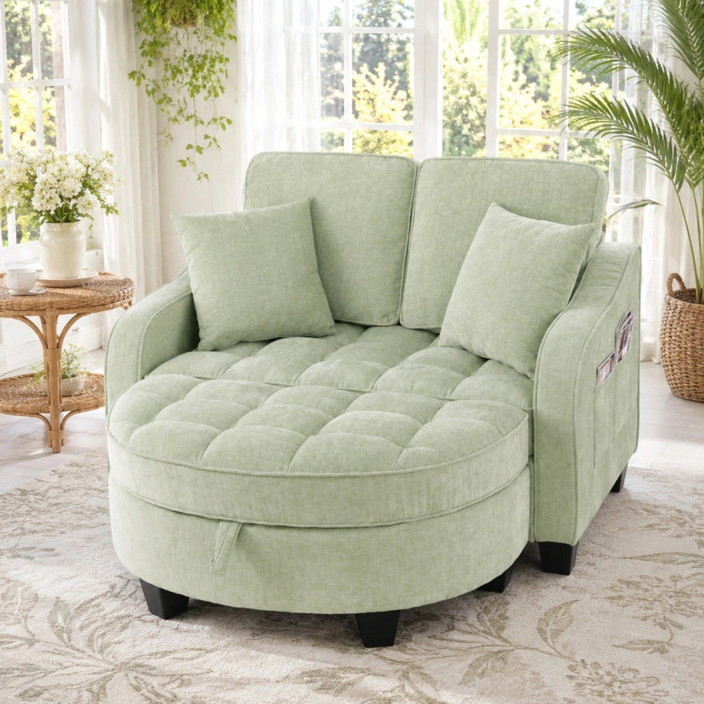 Divano letto trasformabile 132x129x93 cm con pouf contenitore in legno di eucalipto; ciano