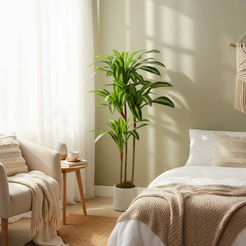 Pianta artificiale Dracaena 120 cm con vaso bianco