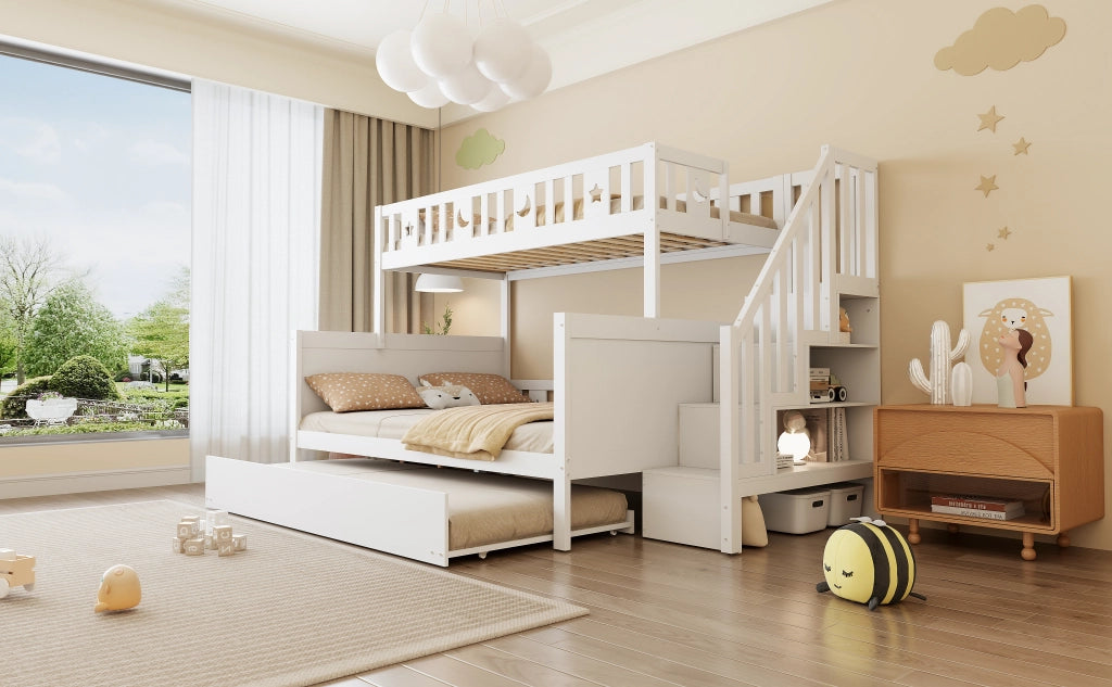 Letto a castello in legno massello di pino bianco per bambini, piani 90×200 e 140×200 cm, con scala di sicurezza e letto estraibile
