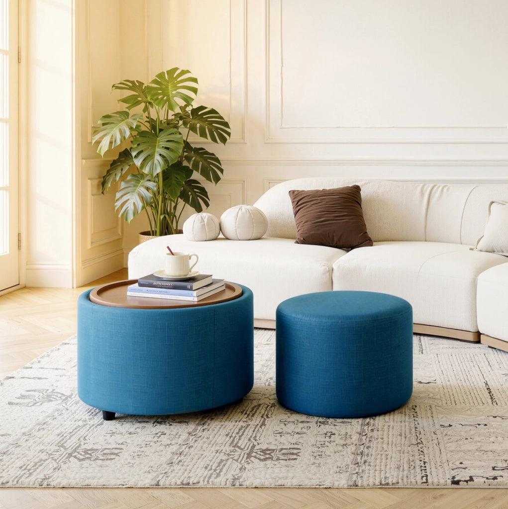 Set di 2 Pouf Nesting con Contenitore, Rivestimento in Lino Blu e Vassoio in Legno, Tavolino e Panca tonda Ø 58 cm