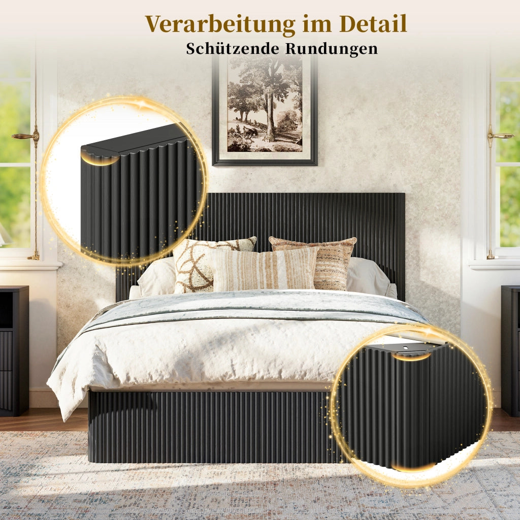 Letto con contenitore 140 × 200 cm con sollevamento idraulico struttura in acciaio doghe in legno nero