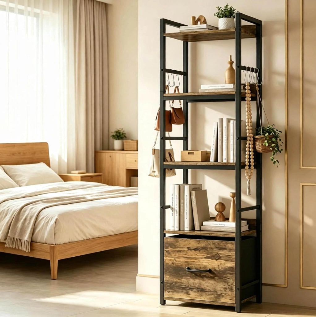 Libreria stretta a 4 ripiani con cassetto e 8 ganci, 39x26x136,5 cm, colore marrone rustico