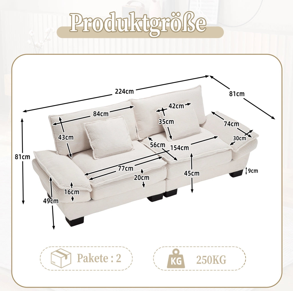 Divano a due posti in velluto beige con struttura in legno e gambe in plastica, 224x81x81 cm