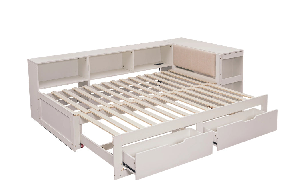 Letto extensible180 x 200 cm con scrivania integrata, cassetti e ripiani, divano letto in legno bianco con testiera imbottita