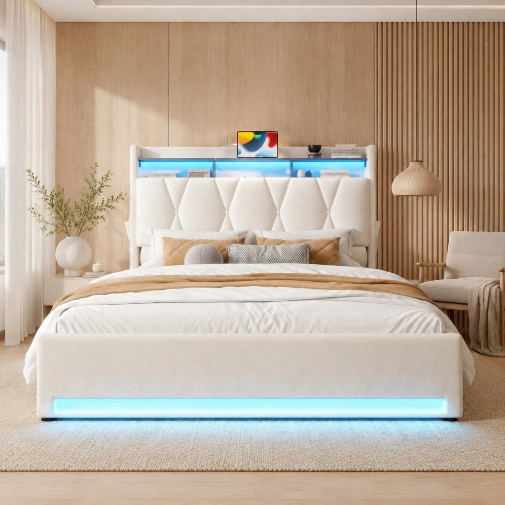 Letto 140x200 cm con contenitore idraulico, LED, USB e USB-C in velluto beige