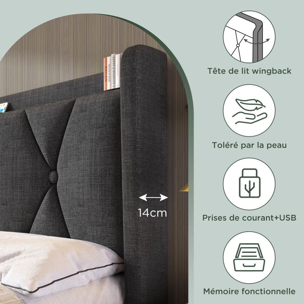 Letto 140 x 200 cm con 4 cassetti e testiera USB, lino grigio, rete a doghe