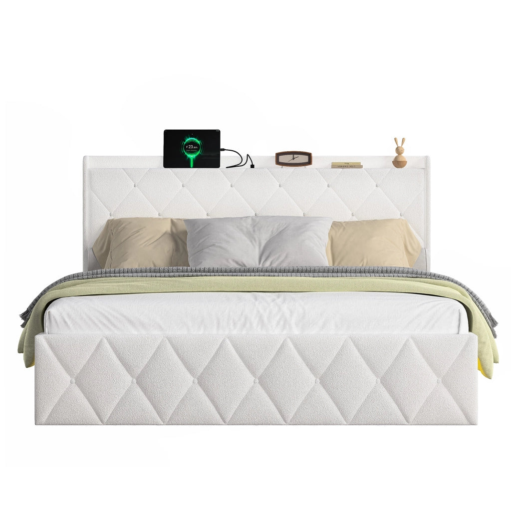 Letto imbottito 140 × 200 cm con testiera ad ali in tessuto Teddy bianco LED USB e prese integrate