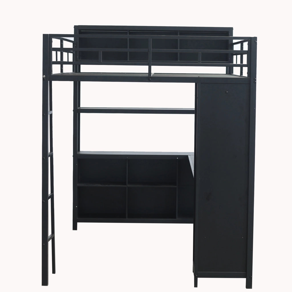 Letto a soppalco 140×200 cm con scrivania, armadio e ripiani, senza materasso, metallo e pannelli truciolari, nero