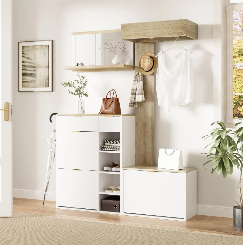 Set guardaroba da ingresso 4 pezzi con scarpiera; panca e specchio; 130 ¡Á 30 ¡Á 174 cm; bianco/naturale
