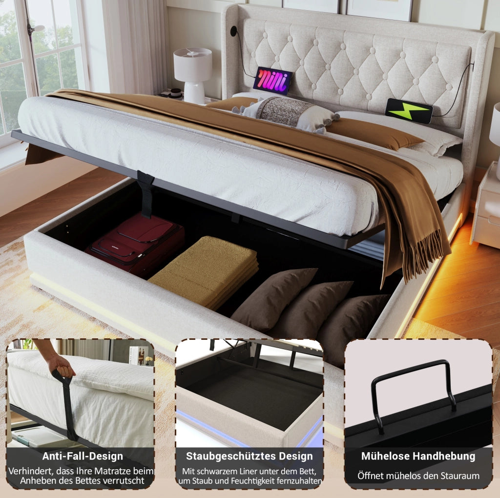 Letto contenitore 140x200 cm beige con materasso, LED e USB-C