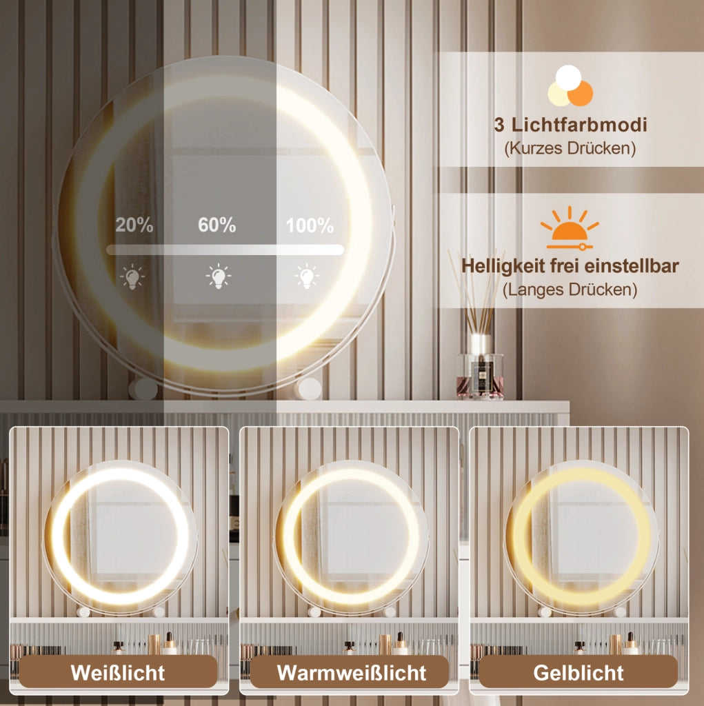 Toeletta bianca con specchio LED, prese e piano estensibile