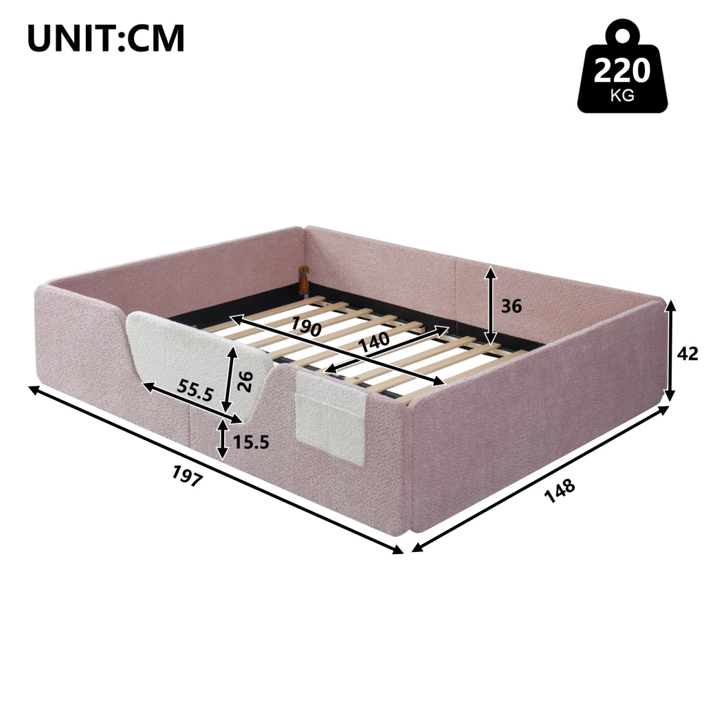 Letto per bambini imbottito 140 ¡Á 190 cm in velluto rosa con sponde removibili e tasca portaoggetti