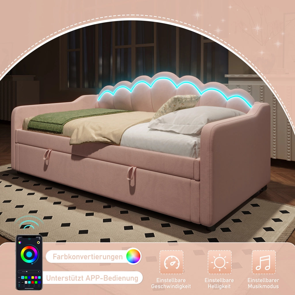 Letto contenitore singolo 90×200 cm con LED e vano portaoggetti; senza materasso; velluto; rosa