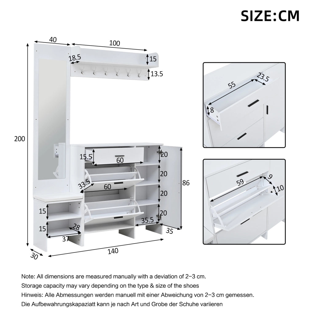 Mobile guardaroba da ingresso con scarpiera; specchio e panca; 140 ¡Á 30 ¡Á 200 cm; MDF bianco
