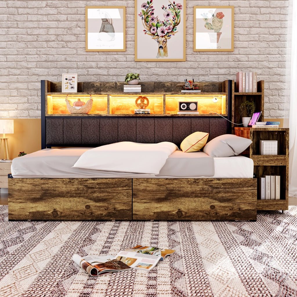 OKWISH Letto a Divano 90×200 cm, Letto Singolo con 2 Cassetti, Prese e LED, Scrivania Estraibile, senza Materasso, Legno Naturale