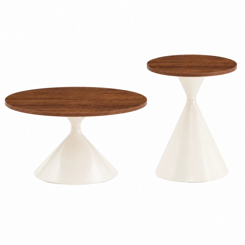 Set di 2 tavoli rotondi, Ø70xH40 cm e Ø50xH50 cm, piano noce caldo e struttura in acciaio color crema per soggiorno e zona notte
