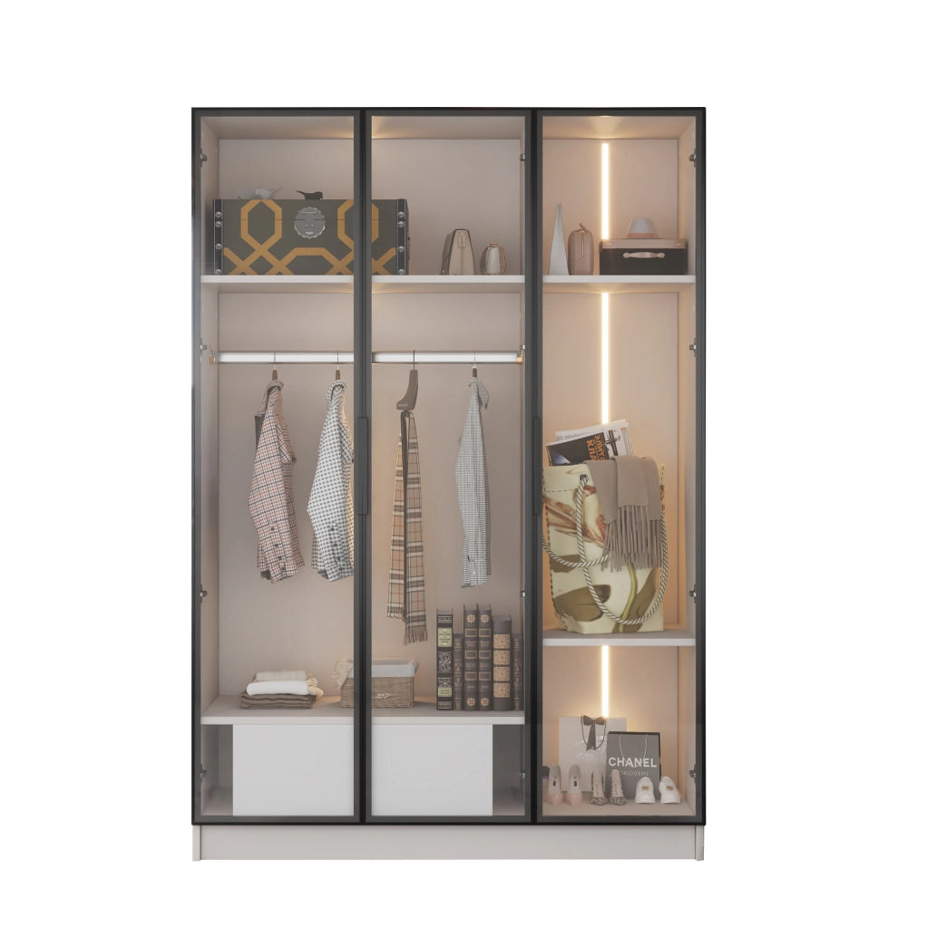 Armadio bianco spazioso con 3 ante in vetro, 1 cassetto, barra appendiabiti e luce LED - 110x50x160 cm