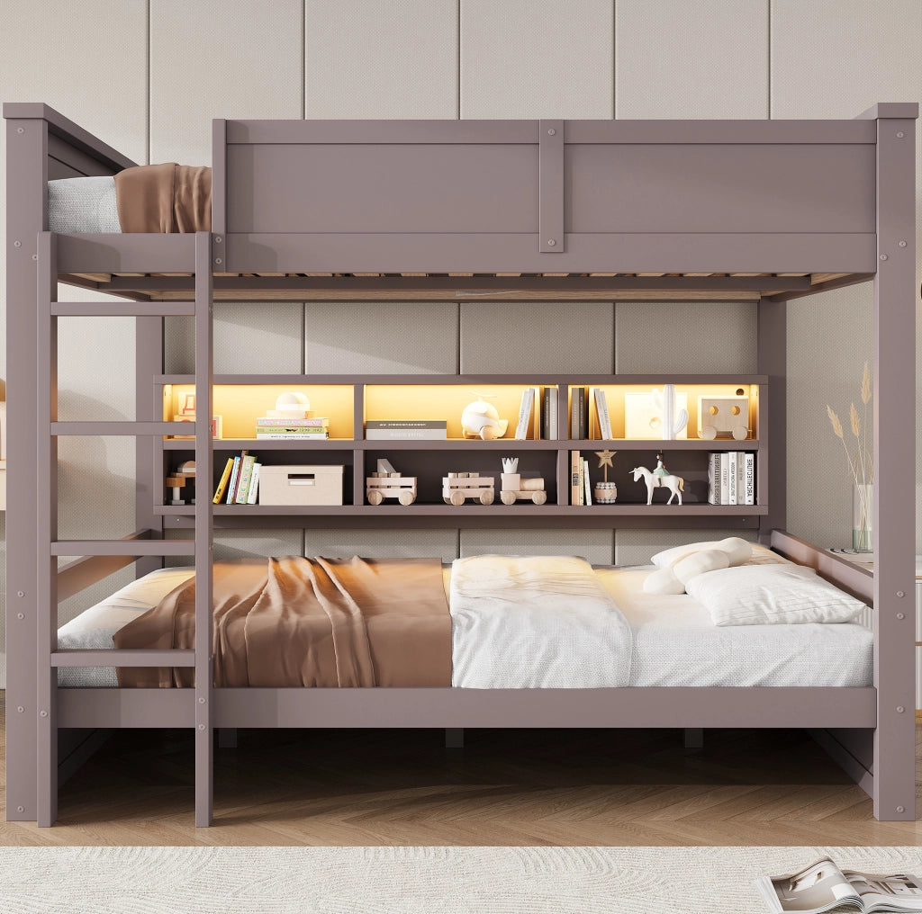 Letto a castello 160x200 cm con armadietti contenitori e illuminazione LED, marrone