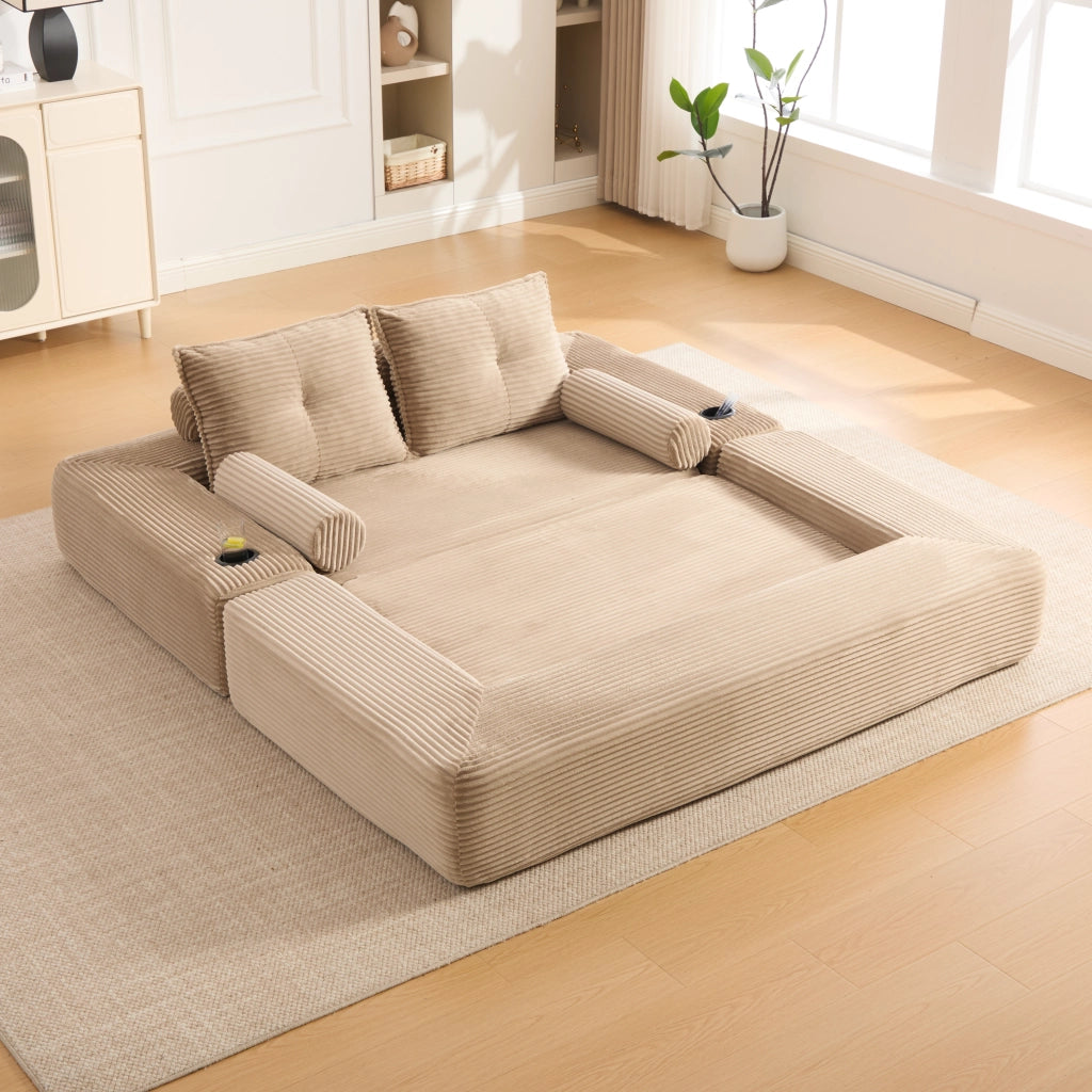 Divano letto 180x98 cm in velluto a coste kaki; con portabicchieri; tasche laterali e cuscini memory