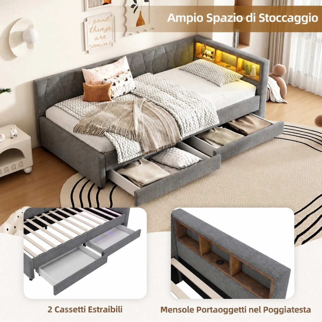 Letto singolo 90x200 cm con letto estraibile e rete a doghe; lino grigio