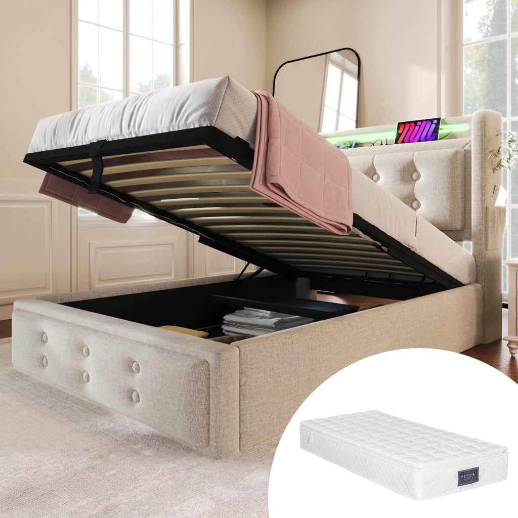 Letto singolo imbottito 90 ¡Á 200 cm con materasso contenitore LED prese USB e Type C tessuto cotone lino beige