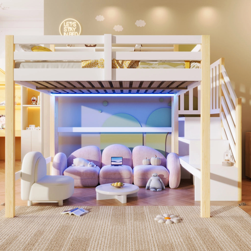 Letto a soppalco 140x200 cm con LED; scala contenitore e vani a giorno bianco naturale