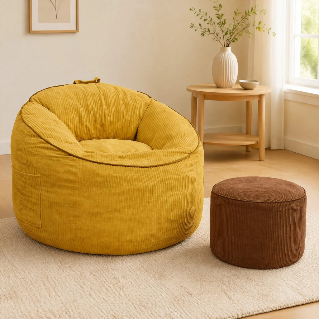 Poltrona curva ergonomica gialla con tasca laterale e pouf cilindrico