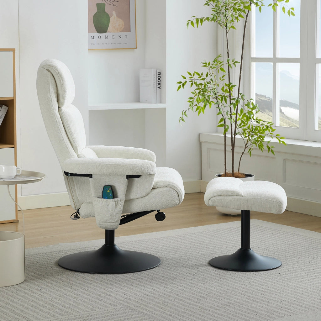Poltrona relax - con massaggio 5 punti; riscaldamento e pouf - in chenille - bianco