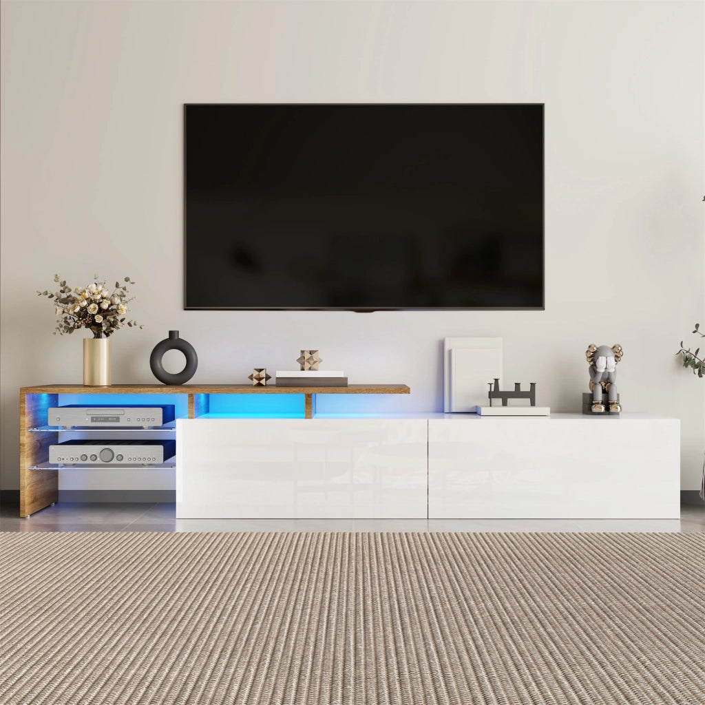 Mobile TV moderno 170 cm bianco e naturale con ripiani in vetro e LED a 16 colori