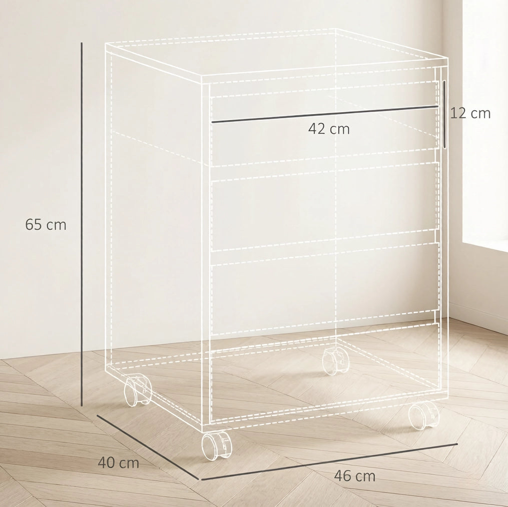 Mobile cassettiera in MDF naturale con 4 cassetti e ruote, 46x40x65 cm