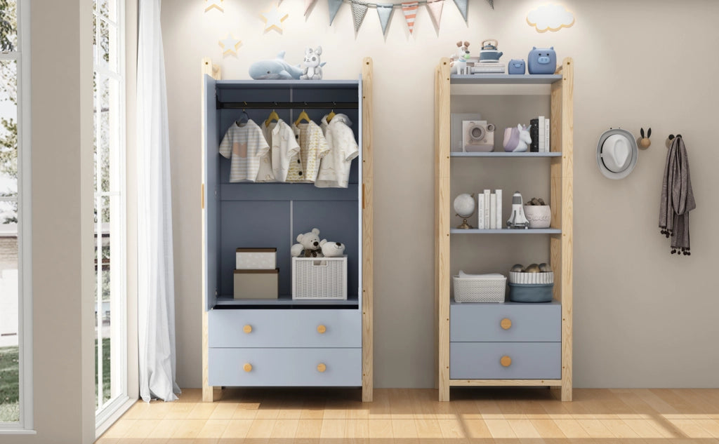 Libreria a 4 livelli con 2 cassetti blu e legno 70x45x180,5 cm
