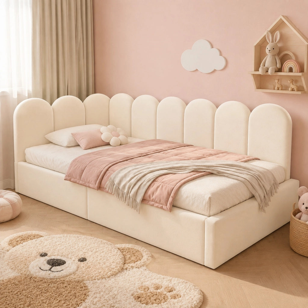 Letto contenitore 90 × 200 cm con rete idraulica e schienale imbottito rivestito in velluto beige