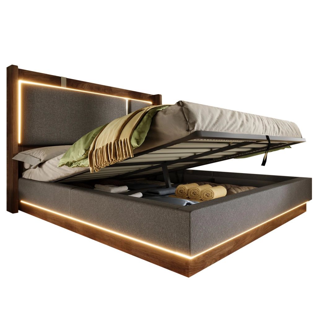 Letto imbottito 140x200 cm con LED e contenitore idraulico, grigio e noce