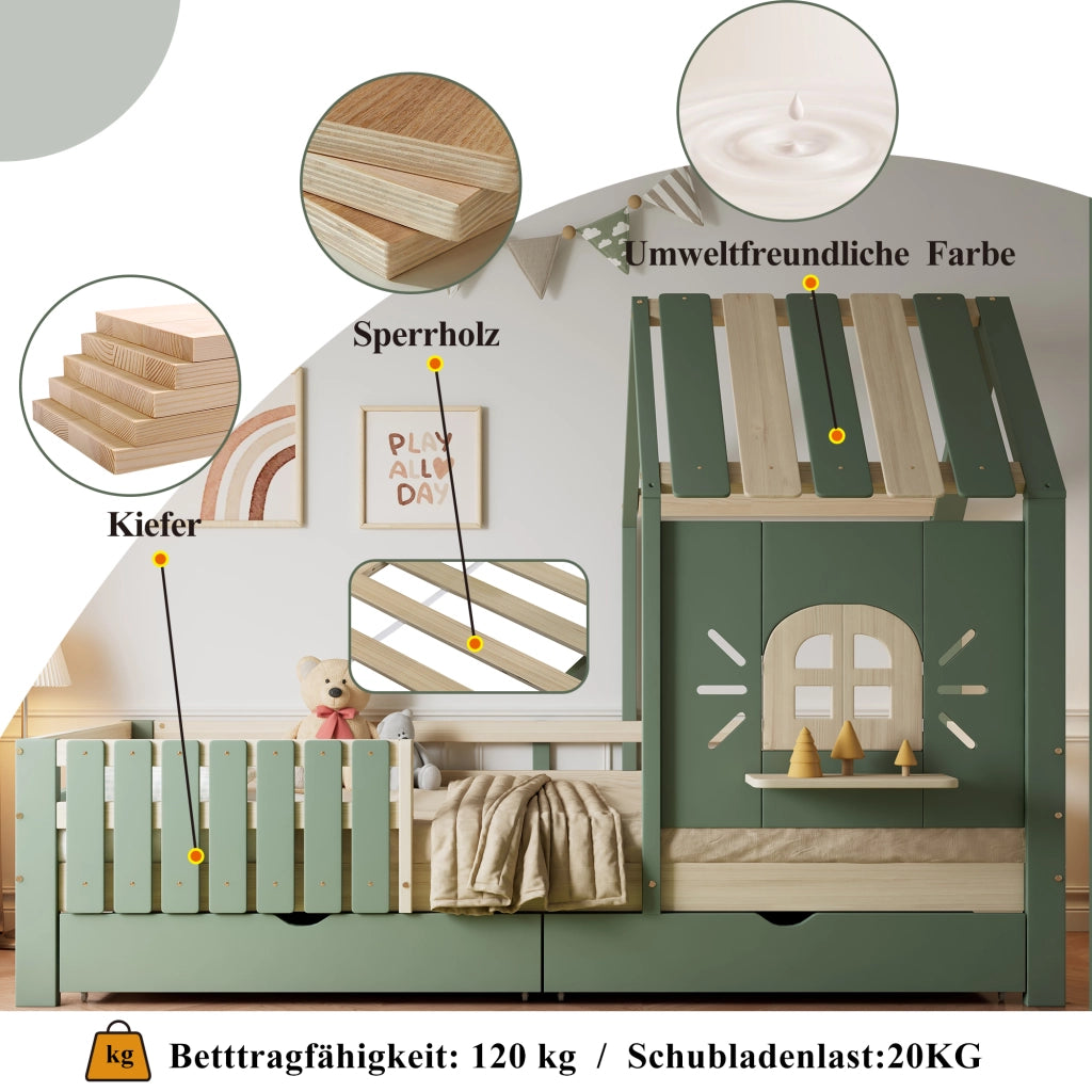 Letto a casetta per bambini 90x200 cm in pino e MDF; verde e naturale; con 2 cassetti; tetto e finestra per cameretta